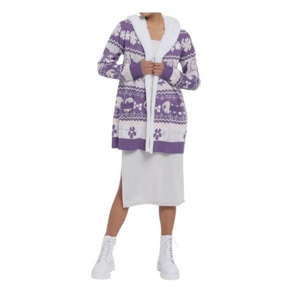 Sanrio Hello Kitty My Melody & Kuromi Cardigan Sweater Purple White Knit Sherpa - Picture 3 of 9
